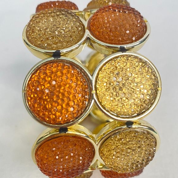 Stretch Bracelet Gold Tone Encircled Druzy Orange Yellow Lucite Stones - Picture 6 of 8